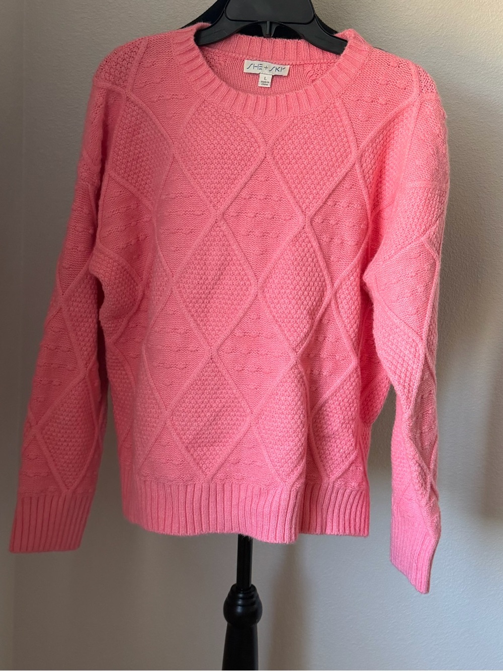 She + Sky Pink Cable Knit Crewneck Sweater